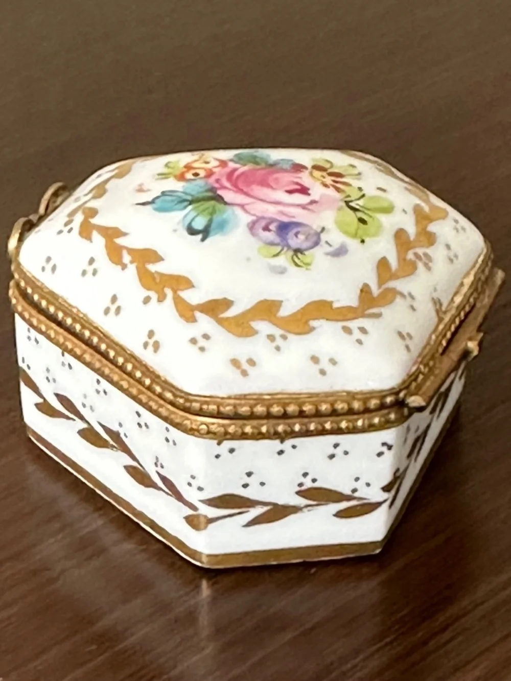 VTG Limoges France Porcelain Hexagon Trinket Box Hand Painted Floral Gold